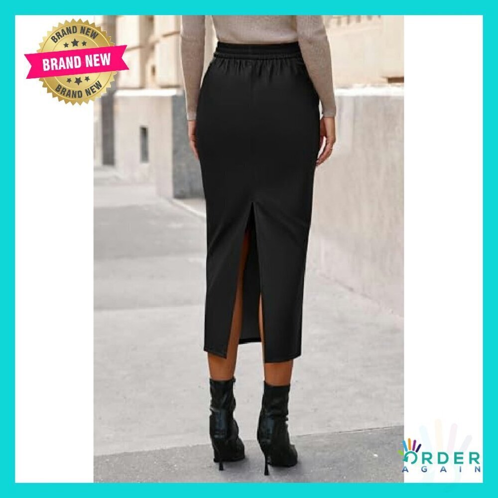 Leather Pencil Skirt Bodycon Midi Chic Elegant Work Casual Back Slit - Picture 4 of 8